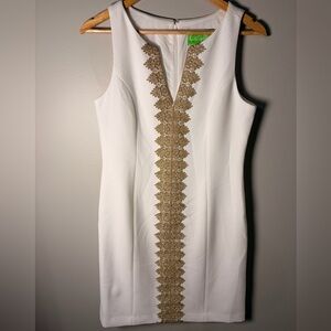 Pappagallo White Shift Dress Resort Style Gold Embroidery Sleeveless Size 4